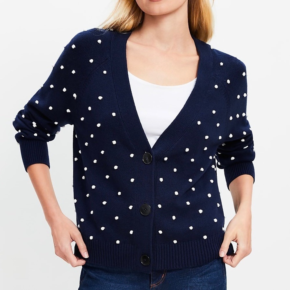 New Loft Bobble V-Neck Cardigan Sz Med Navy Blue Polka Dot Button Front Sweater